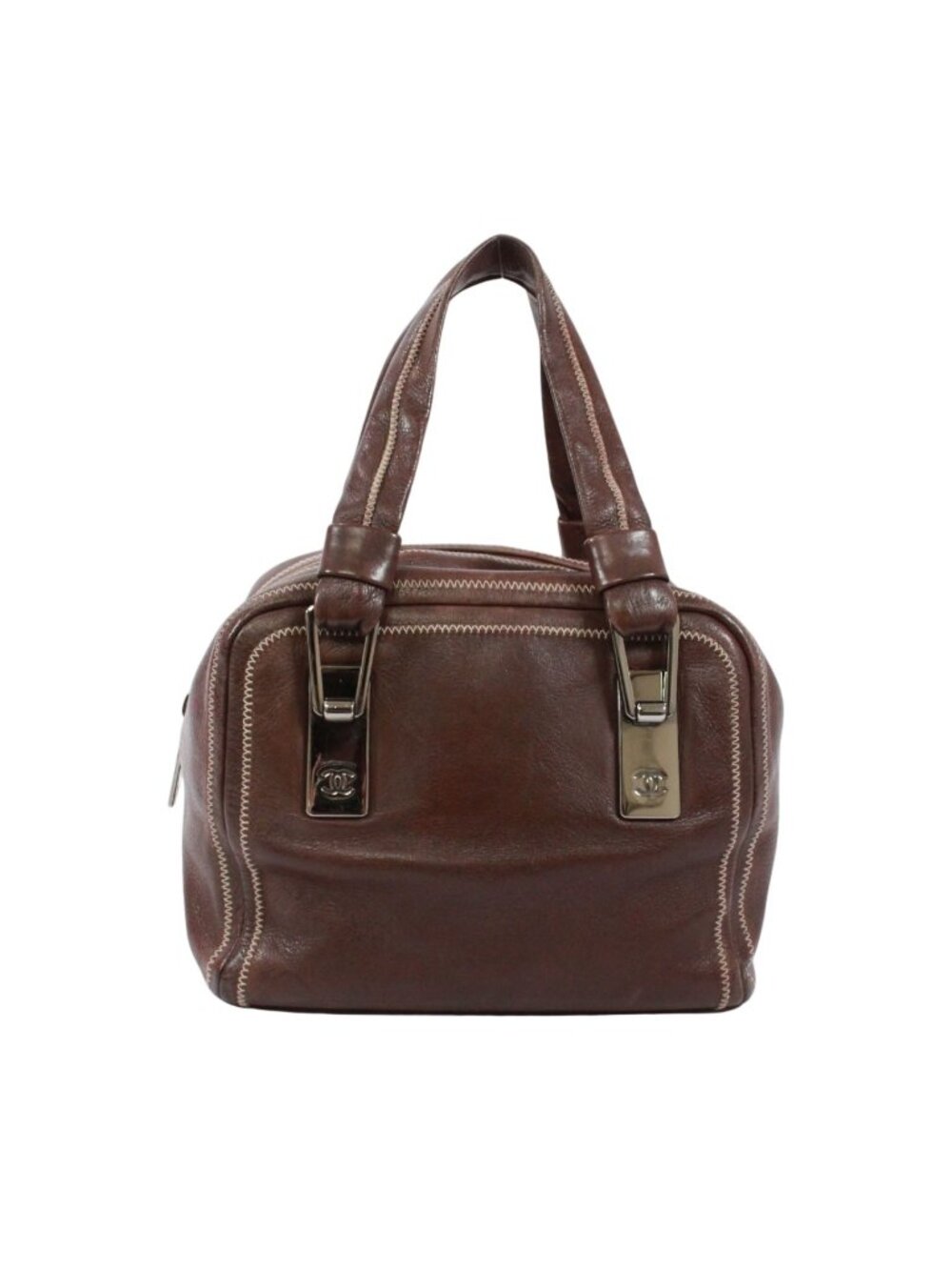 Chanel Mini Lambskin Brown Boston Bag Silver